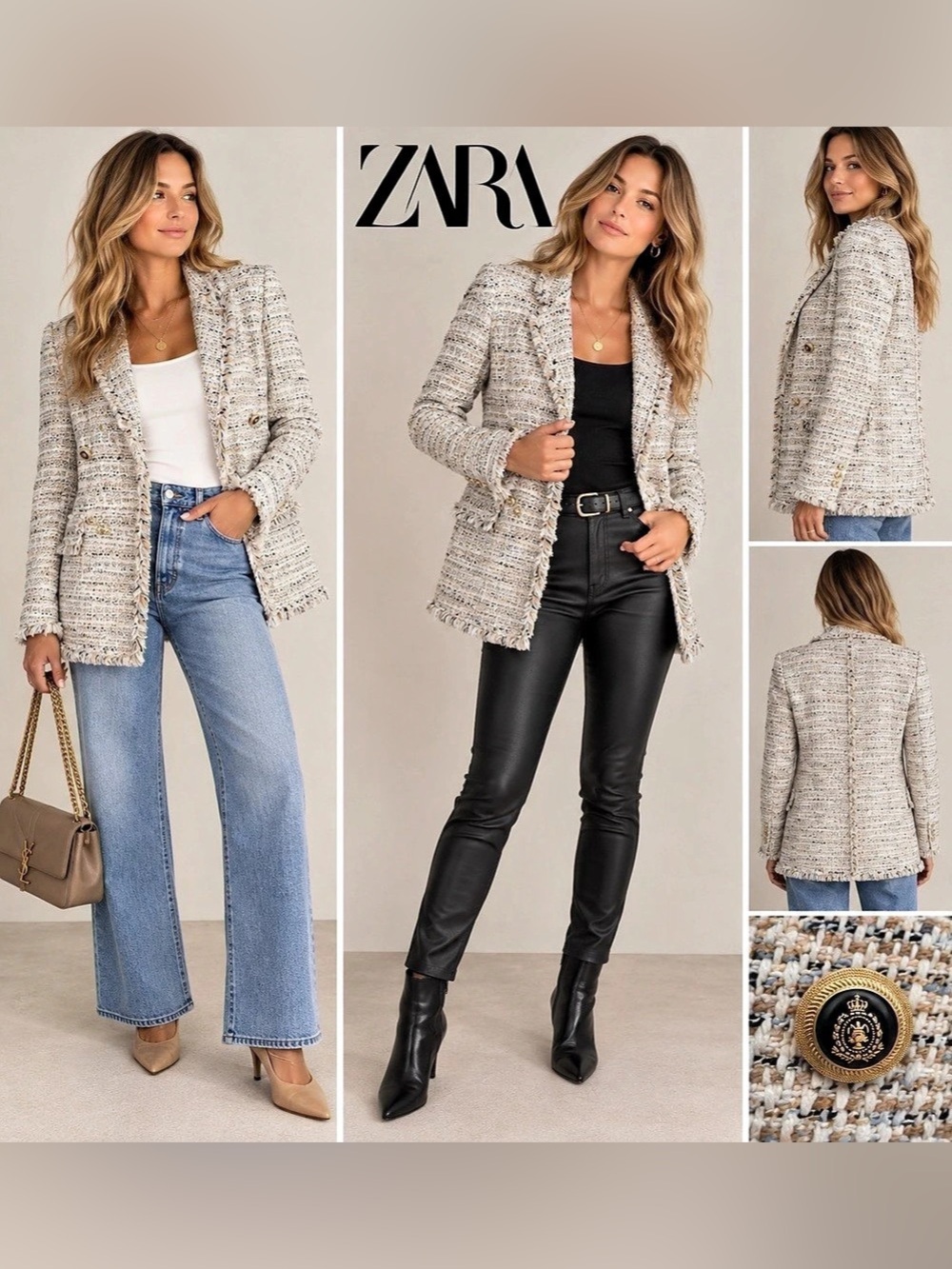 Zara Tweed Blazer in Cream & Black Like New
